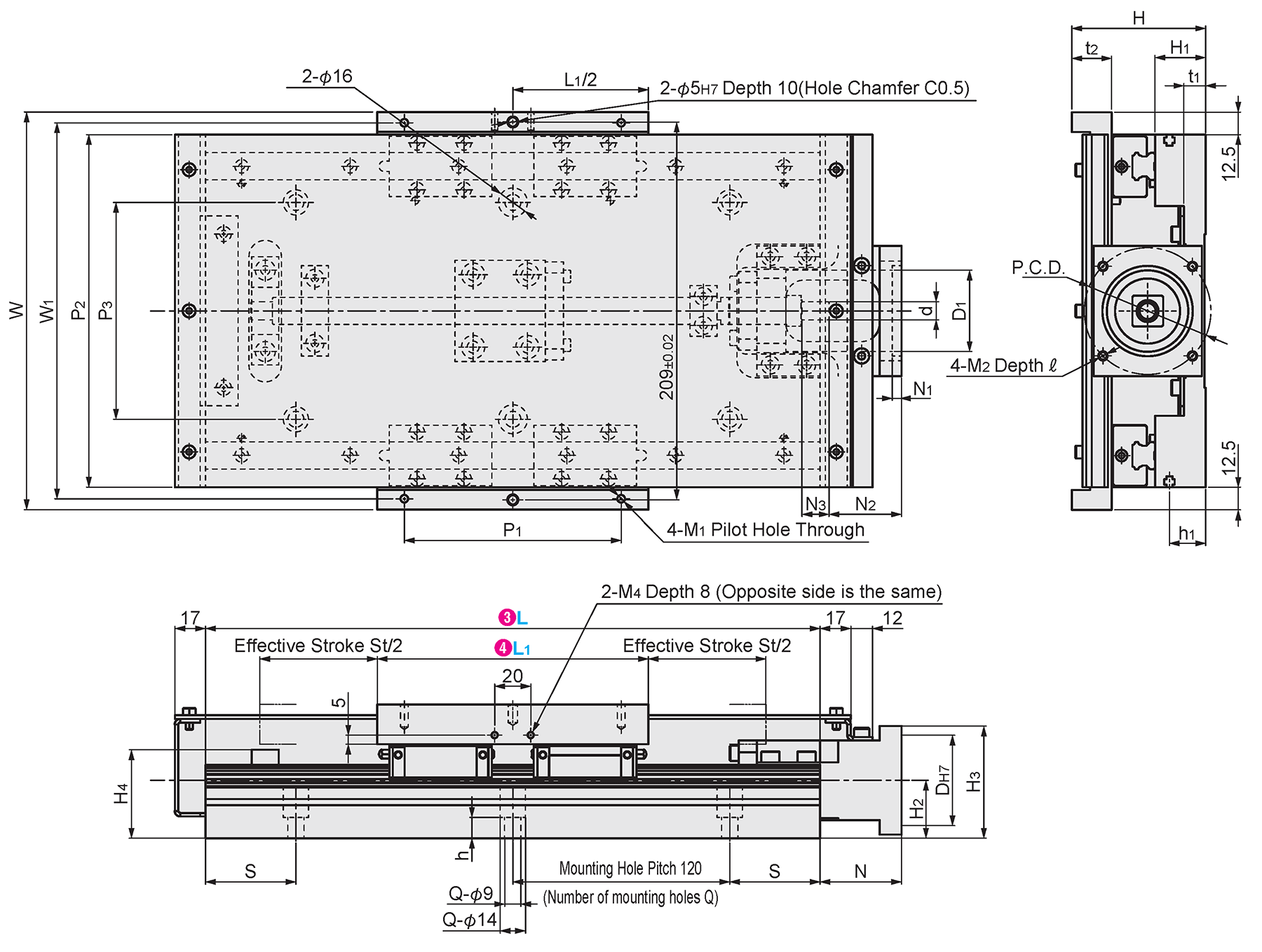 Dimensional drawing of KUAC/KUHC motor installation dowel hole and effective stroke
