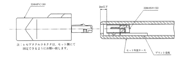 Reference diagram of connector mounted state / 3240-8P-C(50) / 3260-8S*(55), Caution: The design should permit the receptacle connectors to be fastened at the equipment side.