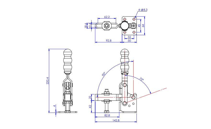 Toggle Clamp - Vertical-Handled - U-Shaped Arm (Flange Base) GH-13502-B 