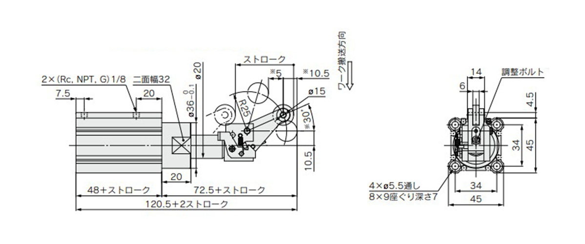 Tube internal diameter 32 mm / RS□QB32□-□DDZ (double acting type) dimensions