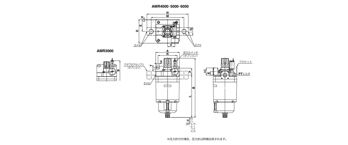 AMR3000-6000 Series MR Unit (Regulator with Mist Separator) dimensional drawings