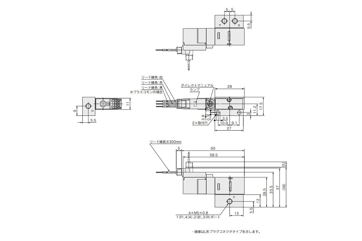 L plug connector type: VQD1251□-□L-M5, M plug connector type: VQD1251□-□M-M5 dimensional outline drawing