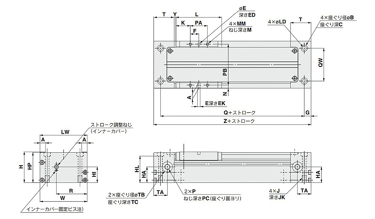 Vacuum Rodless Cylinder CYV Series dimensional drawing