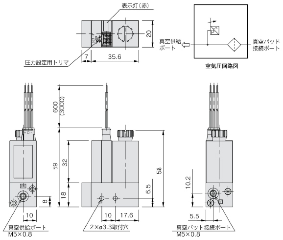 Compact pressure switch, ZSE2/ISE2 series, with suction filter: ZSE2-0X□ connector type / ZSE2-0X□-15C drawing
