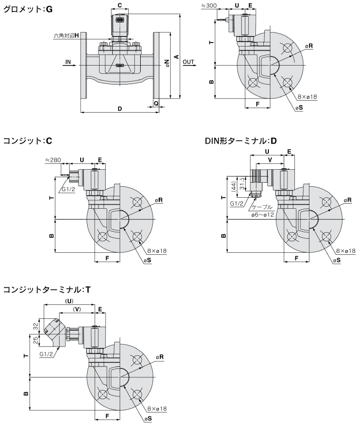 Drawing of VXED2270 / VXED2380 / VXED2390, power-saving type, pilot valve-operated 2-port solenoid valve, VXED21/22/23 Series