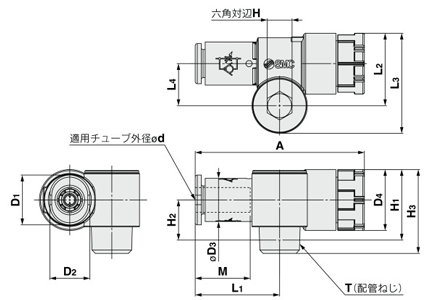 Speed controller with quick-connect fitting, push-lock type, low-profile compact, elbow type, JAS series, drawing 02
