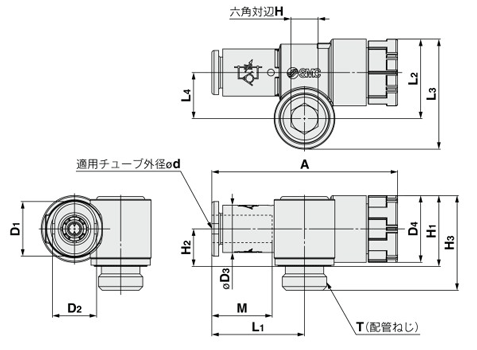 Speed controller with quick-connect fitting, push-lock type, low-profile compact, elbow type, JAS series, drawing 03