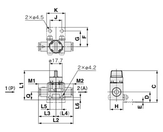 Finger valve, VHK-A series, 1(P)/2(A) - Quick-connect fitting drawing