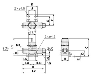 Finger valve, VHK-A series, 1(P) - Quick-connect fitting / 2(A) - Male thread drawing