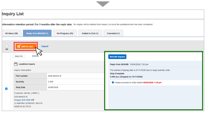 Add replied inquiry to cart