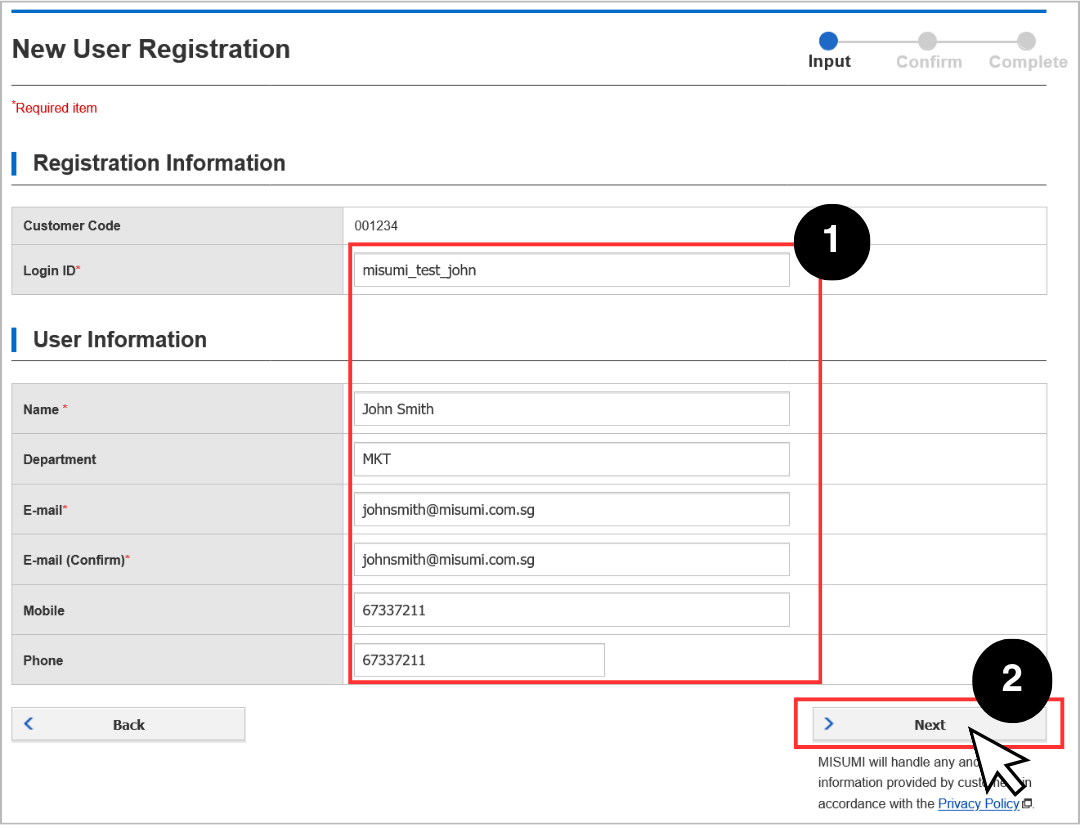 Fill in account details