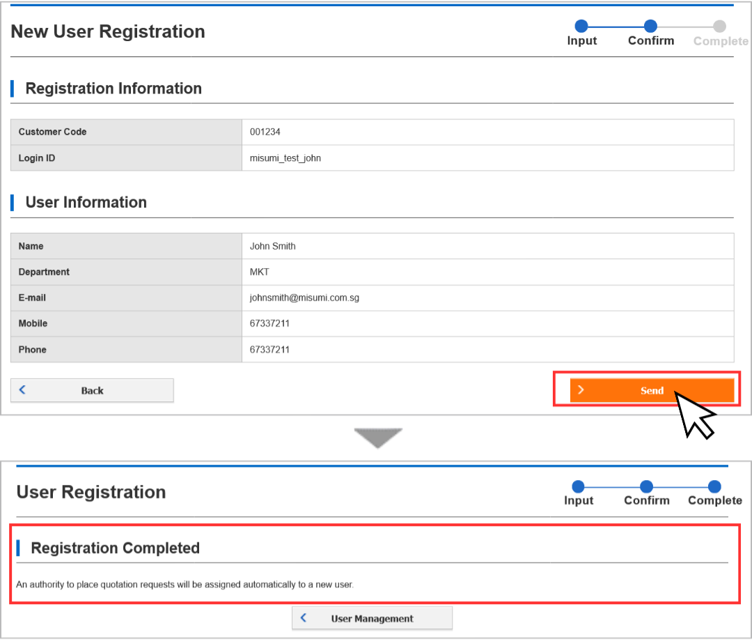 Confirm user details and send