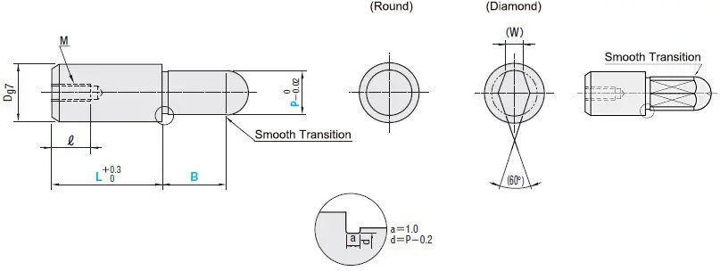 MISUMI Locating Pins Small Head, Spherical, Tapped, Specifications and Dimensional Drawing Small Head Round