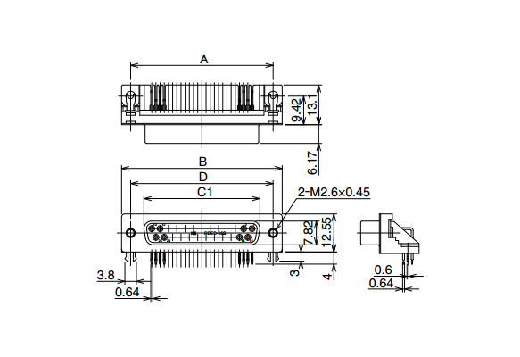 Outline drawing *Diagram shows RDBD-25SE1/M2.6(55), Hexagonal mating screw: not provided (dedicated lock screws can be selected based on application), Grounding device (PCB mounting part): with simple locking pin to temporarily lock PCB, Compatible PCB thickness: 1.6 mm, Note: HD-LN threads cannot be used.