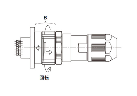 2. Un-mating: Rotate the sleeve (B) counter-clockwise as shown in the diagram to a full stop and then pull out to un-mate the plug from the receptacle.