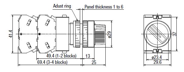 φ22 TW series selector switch arrow handle outline drawing