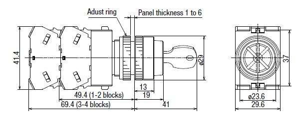 φ22 TW series selector switch arrow handle outline drawing