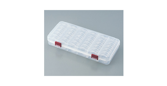 Round Stocker 6P external appearance, Outer dimensions: 275 × 131 × 45 mm, Inner dimensions: 265 × 111 × 41 mm, Material: main body / PP (polypropylene), round case / PS (polystyrene), Included number of round cases: 30 (5 pcs. × 6 columns)