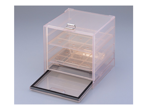 2-7918-01 (UD-1ESD) The main body has non-static ABS resin specifications that suppress the effect of static electricity. (Surface specific resistance value 3 × 1,011 Ω (reference value)) Materials: main body, cover, shelf / non-static ABS resin, clasp / stainless steel (SUS303); No. of shelf levels: 4; Shelf load bearing capacity: approx. 2.5 kg per shelf; Total load bearing capacity: approx. 10 kg *Silica gel plate in image not included