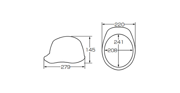 Dimensional drawing of FRP resin hard hat F-03 V (with inlet/outlet port and shock absorbing liner) F-03 V-HA2E-P-A01-V. Head circumference guide: 555 to 620