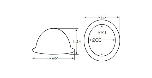 Dimensional drawing of FRP resin hard hat HK type (all-around brim type with shock absorbing liner), HK-PA-P-HP. Head circumference guide: 555 to 580