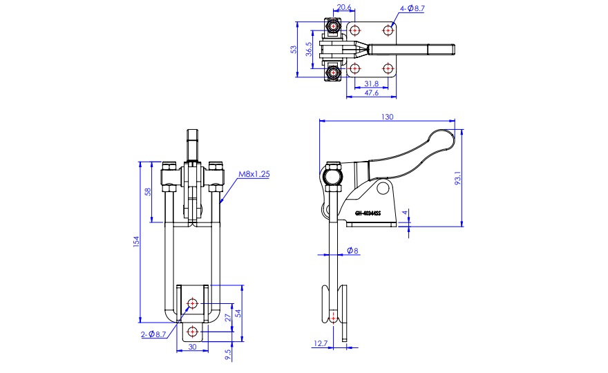 Latch Type Toggle Clamps with Flanged Base / U-Hook, GH-40344/GH-40344-SS 