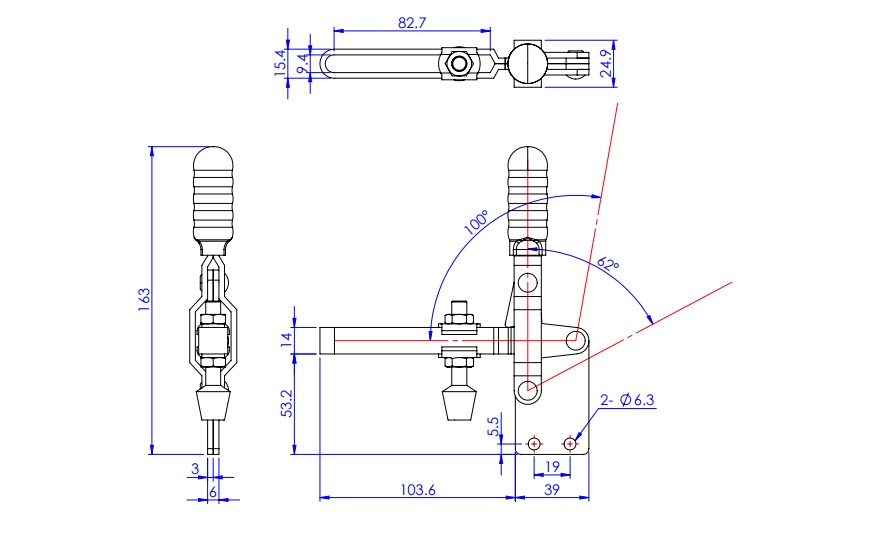 Toggle Clamp - Vertical-Handled - Long U-Shaped Arm (Straight Base) GH-101-EI
