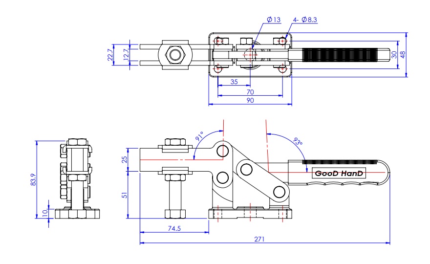 Toggle Clamp - Horizontal - Slit Arm (Ductile Cast Iron Base) GH-204-G 