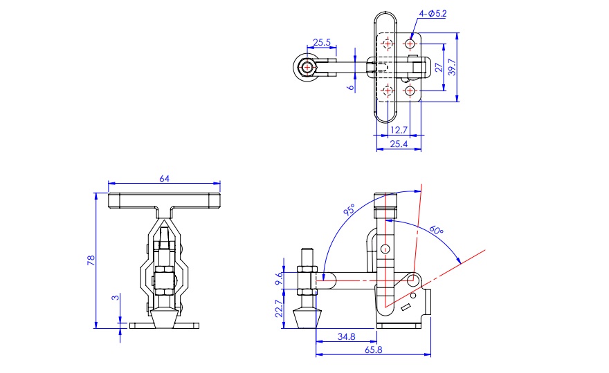 Toggle Clamp - Vertical-Handled - Solid Arm (Side Flange Base) GH-12080 