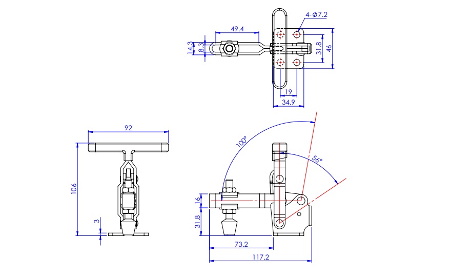 Toggle Clamp - Vertical-Handled - Long U-Shaped Arm (Flange Base) GH-12132