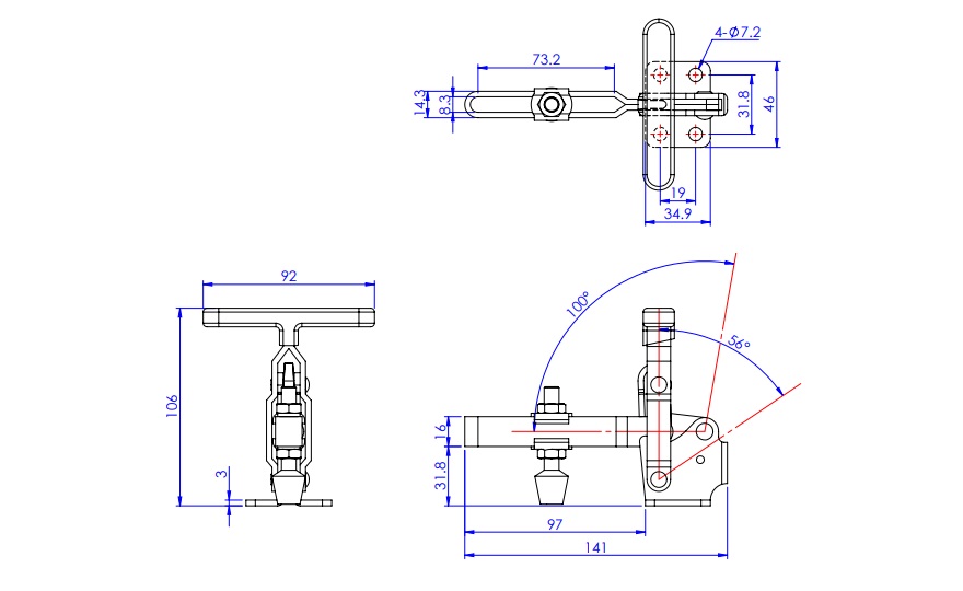 Toggle Clamp - Vertical-Handled - Long V-Shaped Arm (Flange Base) T-Shaped Handle GH-12133 
