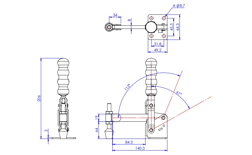 Toggle Clamp - Vertical Handle - Solid Arm (Flanged Base) GH-12275