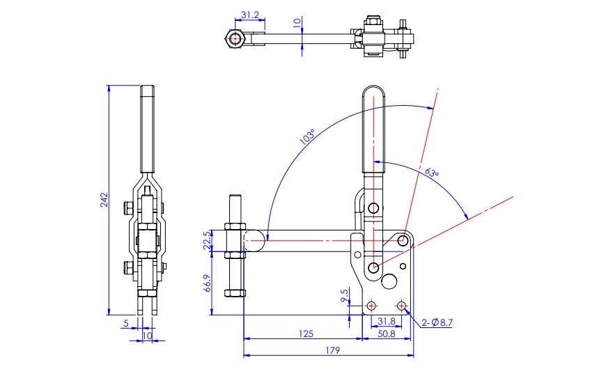 Toggle Clamp - Vertical Handle - Solid Arm (Straight Base) GH-10250 