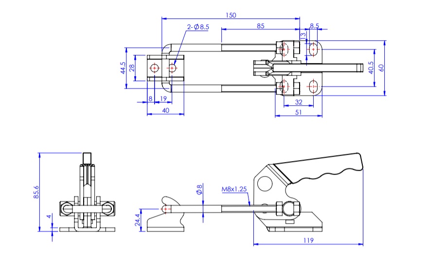 Toggle Clamp, Pull Type, Flange Base, U-Shaped Hook GH-40870