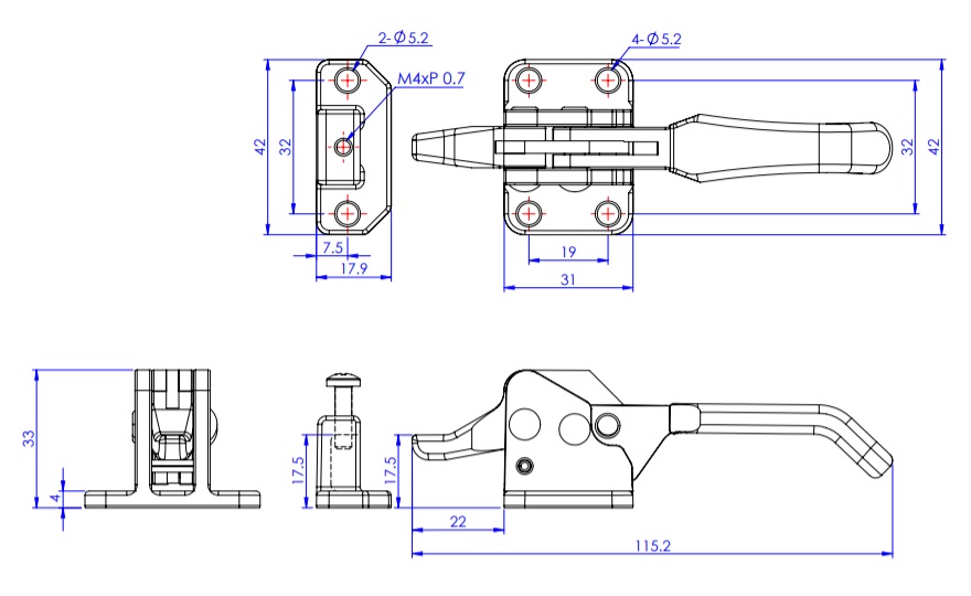 Toggle Clamp - Latch Type - Flanged Base, Pointed Hook, GH-40550