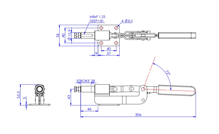 Toggle Clamp - Push-Pull - Flanged Base, Stroke 28 mm, Straight Handle, GH-36060