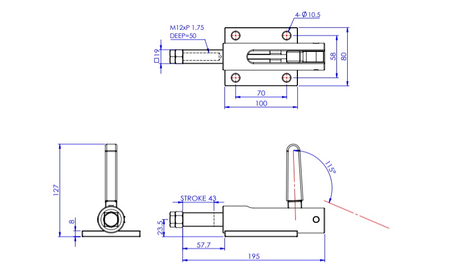 Toggle Clamp - Push-Pull - Flanged Base, Stroke 43 mm, Straight Handle, GH-30510M