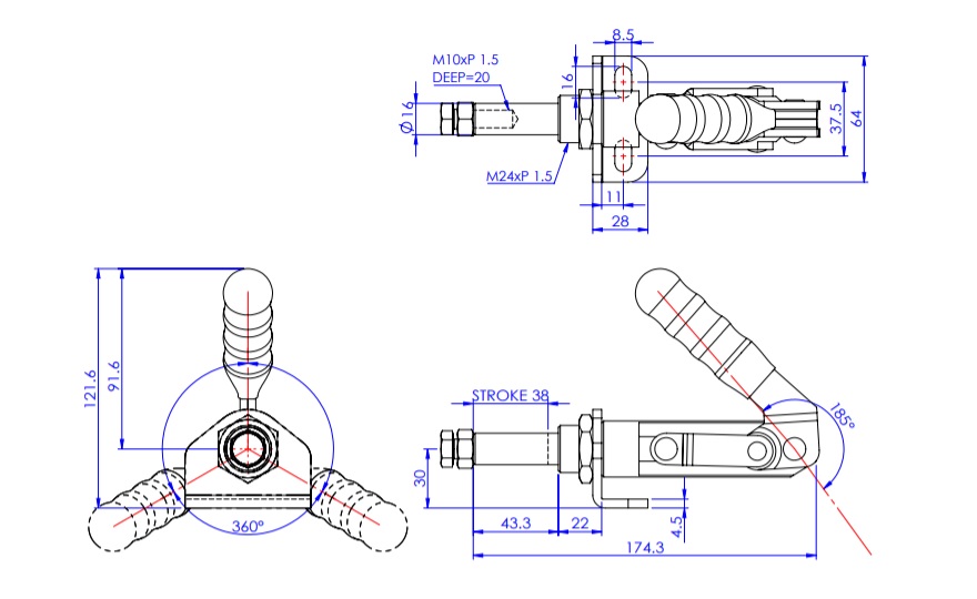 Toggle Clamp - Push-Pull - Flanged Base, Stroke 38 mm, Straight Handle, GH-30450M