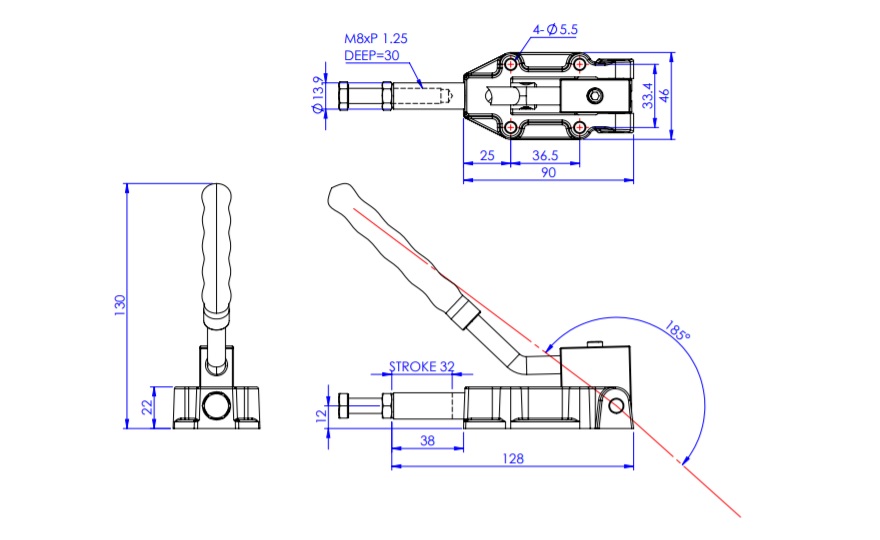 Toggle Clamp - Push-Pull - Flanged Base, Stroke 60 mm, Angled Handle, GH-304-HM