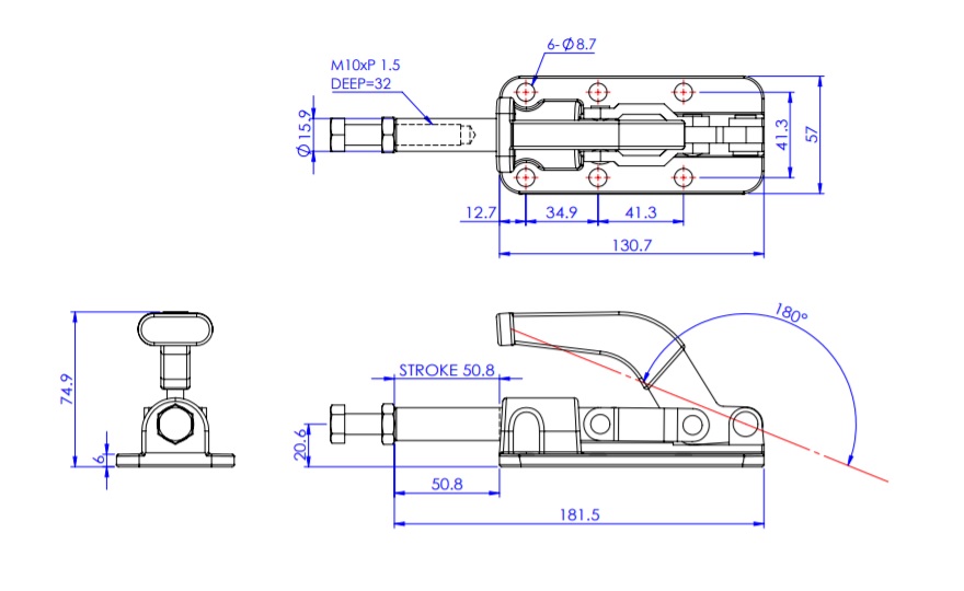 Toggle Clamp - Push-Pull - Flanged Base, Stroke 50.8 mm, Straight Handle, GH-36330M