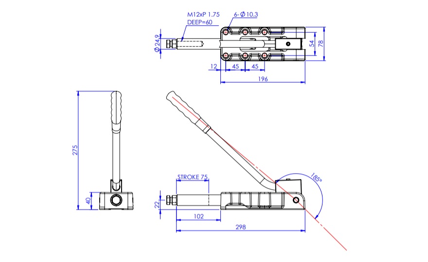 Toggle Clamp - Push-Pull - Flanged Base, Stroke 75 mm, Straight Long Handle, GH-32500HL