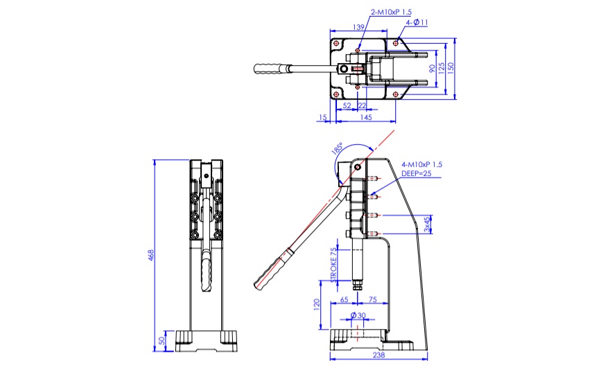 Toggle Clamp - Side-Push - Extruded Base, Stroke 75 mm, Straight Handle, GH-32500PR