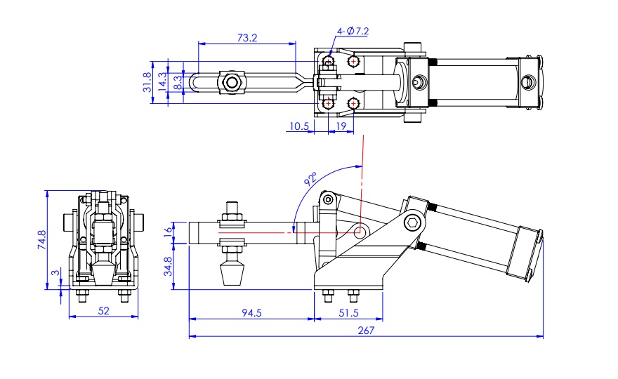 Long U-Shaped Arm Pneumatic Clamp with Flange Based, GH-12132-A 