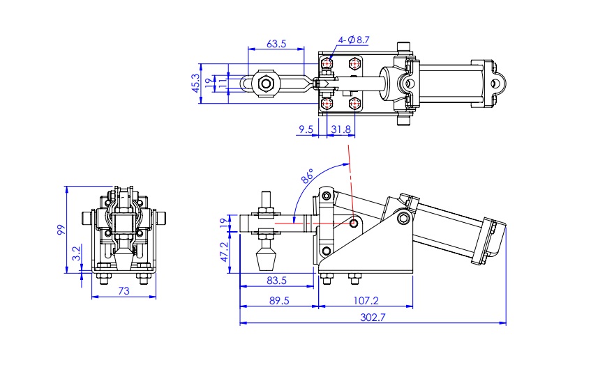 U-Shaped Arm Pneumatic Clamp with Flanged Base, GH-12265-A 