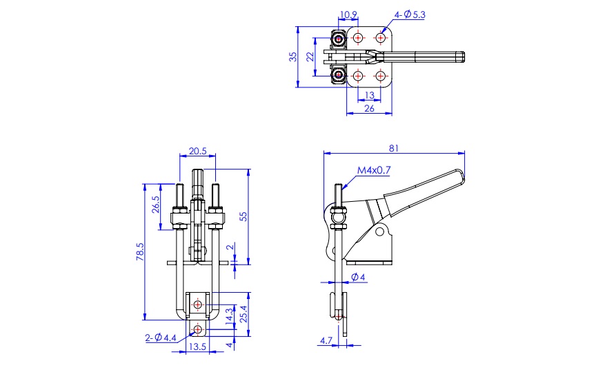 Toggle Clamp - Pull Action Type - Vertical Flanged Base, U-Shaped Hook GH-40324/GH-40324-SS 