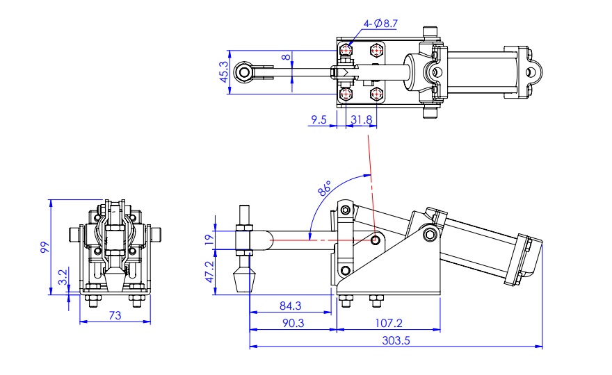 Solid Arm Pneumatic Clamp with Flanged Base, GH-12275-A 