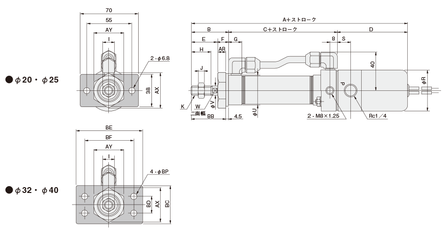 General type, slim cylinder, DA/DV/SA series, drawing 3