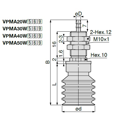 Vacuum Pad Multistage Bellows VPMA Barb Fitting Type 
