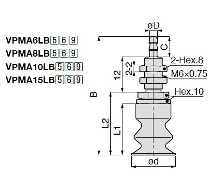 Vacuum Pad, Soft Bellows Small Type, VPMA, Barb Fitting Type 