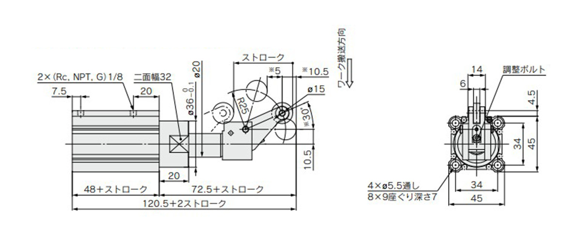 Tube internal diameter 32 mm / RS□QB32□-□DBZ (double acting type) dimensions